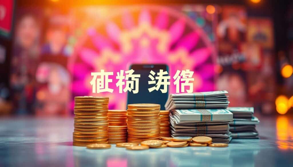 A vibrant, eye-catching scene showcasing the "優惠活動 獎金" theme. In the foreground, a stack of gold coins and stacks of cash in various denominations are prominently displayed, reflecting the potential rewards and winnings from the promotional activities. In the middle ground, a smartphone or mobile device is shown, emphasizing the online and mobile-friendly nature of the entertainment offerings. The background features a blurred, colorful pattern or gradient, creating a sense of excitement and energy. Soft, warm lighting illuminates the scene, evoking a welcoming and enticing atmosphere. The overall composition and styling should appeal to the target audience of the article's "手機APP線上娛樂城下載教學" section.