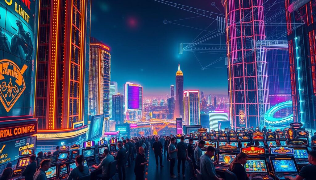 A vibrant, futuristic cityscape with towering, neon-lit skyscrapers and a bustling online casino in the foreground. The scene is bathed in a warm, golden glow, with shimmering reflections on the sleek, glass facades. In the middle ground, players engage in a variety of digital games, their faces lit by the screens of their devices. The background showcases a panoramic view of the city, with a network of data streams and digital pathways weaving through the urban landscape. The atmosphere conveys the excitement, convenience, and superior gaming experience of the online casino, inviting the viewer to explore the advantages of this digital entertainment hub.