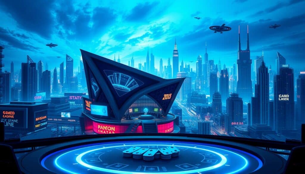 A vibrant, futuristic online casino in a gleaming, high-tech metropolis. In the foreground, a stylized neon-lit gaming table with virtual cards and chips floating above it, bathed in an azure glow. In the middle ground, a sleek, angular building with holographic displays and digital signage, surrounded by a bustling cityscape of towering skyscrapers and hovercraft. In the background, a luminous, cyberpunk-inspired skyline under a deep azure sky, with towering spires and glimmering lights. Cinematic lighting, with sharp contrasts and dynamic camera angles, captures the energy and excitement of this cutting-edge, immersive entertainment experience.