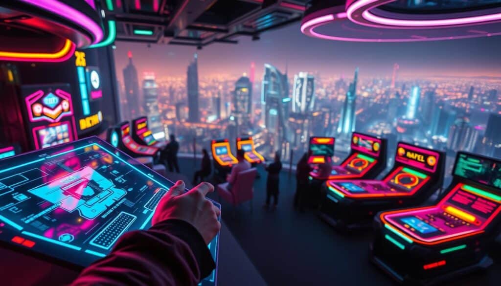 A vibrant, futuristic online gaming arena with a unique, immersive experience. In the foreground, a player navigates a sleek, holographic interface, their hands gliding through ethereal controls. The middle ground features a diverse array of vibrant, customizable gaming stations, each offering a distinct interactive experience. The background depicts a sprawling, neon-lit cityscape, hinting at the boundless possibilities of the digital realm. The scene is bathed in a warm, cinematic lighting, creating a captivating atmosphere of adventure and discovery. The overall composition conveys a sense of technological innovation, personalization, and the fusion of the digital and physical worlds.