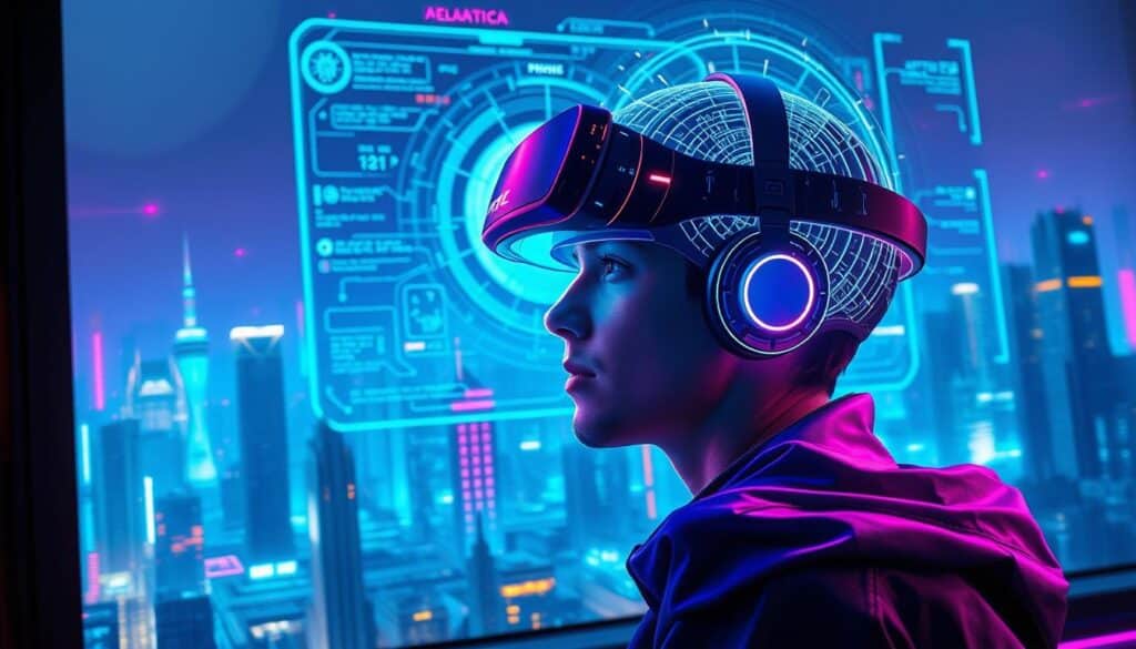 A vibrant, futuristic scene showcasing the integration of AI technology in the gaming experience. In the foreground, a player immersed in a virtual world, their face illuminated by the glow of a high-tech headset. Behind them, a sleek, holographic display projects intricate game data, visualizing the seamless interplay between AI-driven mechanics and the user's actions. The middle ground features advanced gaming hardware, with intelligent sensors and processors enabling dynamic, adaptive gameplay. In the background, a cityscape of towering skyscrapers and neon-lit landscapes, hinting at the boundless potential of AI to revolutionize the entertainment industry. The overall atmosphere conveys a sense of wonder, innovation, and the fusion of technology and human experience.