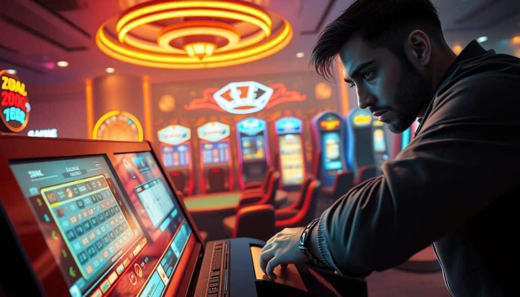 A vibrant game tutorial scene set in an online casino, showcasing the strategic techniques and winning tactics. In the foreground, a confident player leans over a sleek gaming station, deep in concentration as they navigate the dynamic interface. The middle ground features an array of classic casino games - roulette, blackjack, and slot machines - inviting the viewer to explore the nuances of each. The background is illuminated by a warm, neon-infused ambiance, evoking the excitement and energy of the virtual gambling realm. The lighting is crisp and directional, casting dramatic shadows that accentuate the strategic nature of the gameplay. The overall composition conveys a sense of mastery, focus, and the thrill of casino entertainment.