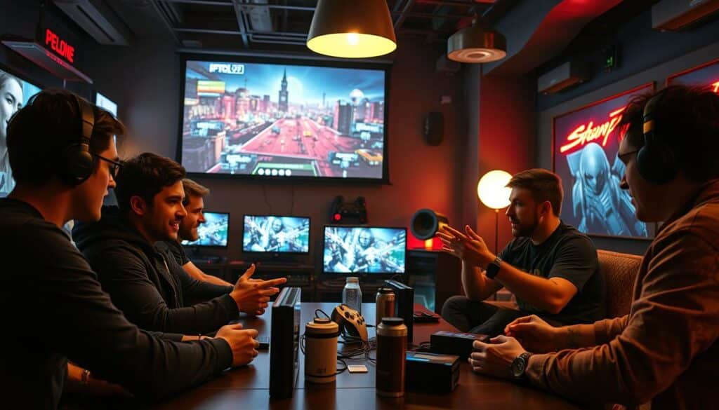 A vibrant gaming lounge, with players engaged in lively discussions and reviews of the entertainment city experience. The foreground features a group of friends gathered around a table, gesticulating passionately as they share their perspectives. The middle ground showcases a diverse array of gaming consoles and displays, reflecting the latest trends and technologies. In the background, a large projection screen displays a montage of screenshots and highlights from the entertainment city, capturing the excitement and immersion of the virtual world. Soft, warm lighting creates a cozy, inviting atmosphere, while the overall composition conveys a sense of community, engagement, and a healthy exchange of ideas and opinions.