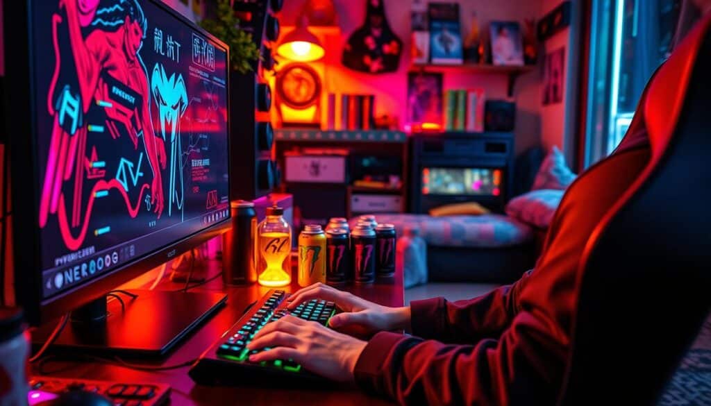 A vibrant gaming setup showcases the distinct habits of Taiwanese players. In the foreground, a gamer intently focuses on a large, high-resolution monitor, fingers expertly maneuvering a state-of-the-art gaming mouse and keyboard. Surrounding the setup, neon-lit peripherals and collectibles reflect the player's passion for immersive, custom-tailored experiences. In the middle ground, an array of energy drinks and snacks suggests a dedication to long gaming sessions, fueled by a desire to master the latest releases. In the background, a cozy, personalized space hints at the importance of comfort and personal expression in the Taiwanese gaming culture. Warm lighting and vibrant colors create an atmosphere of focus, creativity, and a sense of community.