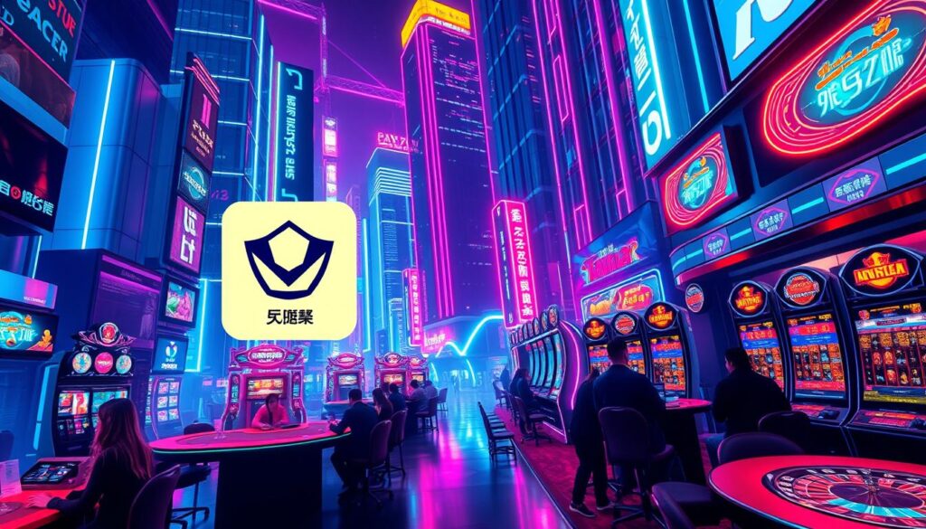 A vibrant, high-contrast image of a modern online gambling platform, featuring a sleek and intuitive user interface against a backdrop of dynamic neon lights. The foreground showcases the platform's logo, app icons, and game thumbnails, all meticulously rendered with a polished, high-resolution aesthetic. The middle ground depicts the platform's live game action, with players engaged in thrilling casino games like baccarat, roulette, and slot machines. The background transports the viewer to a futuristic cityscape, where towering skyscrapers and neon-drenched streets create a sense of urban dynamism and technological advancement. The overall mood evokes a seamless fusion of cutting-edge technology, immersive entertainment, and the allure of high-stakes gambling in the heart of Taiwan's vibrant metropolitan landscape.