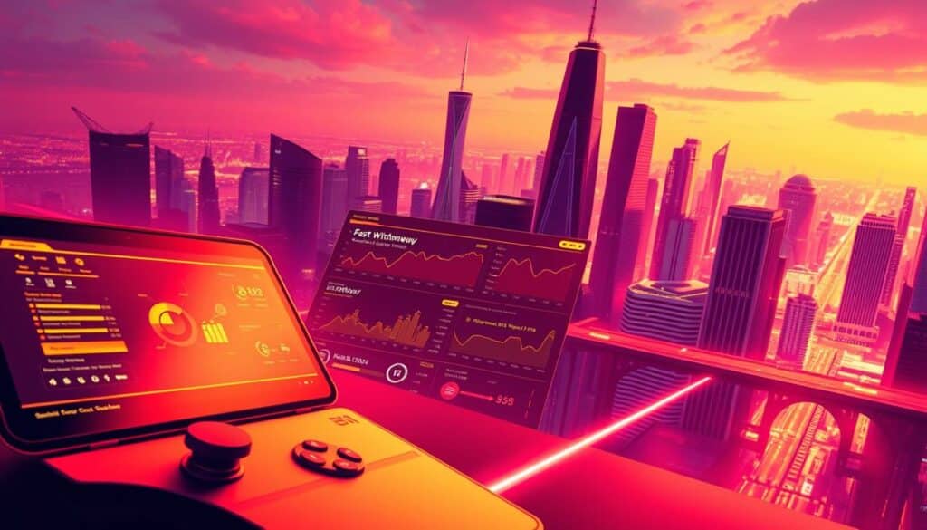 A vibrant, high-contrast image of the BK娛樂城online gaming platform's lightning-fast withdrawal process. In the foreground, a sleek, minimalist user interface with intuitive controls and seamless navigation. The middle ground showcases a series of dynamic graphs and charts, illustrating the speed and efficiency of the withdrawal system. In the background, a panoramic cityscape with towering skyscrapers, reflecting the urban, dynamic nature of the gaming experience. The lighting is sharp and directional, creating a sense of energy and momentum. The overall atmosphere evokes a thrilling, technologically-advanced world of online entertainment and financial empowerment.