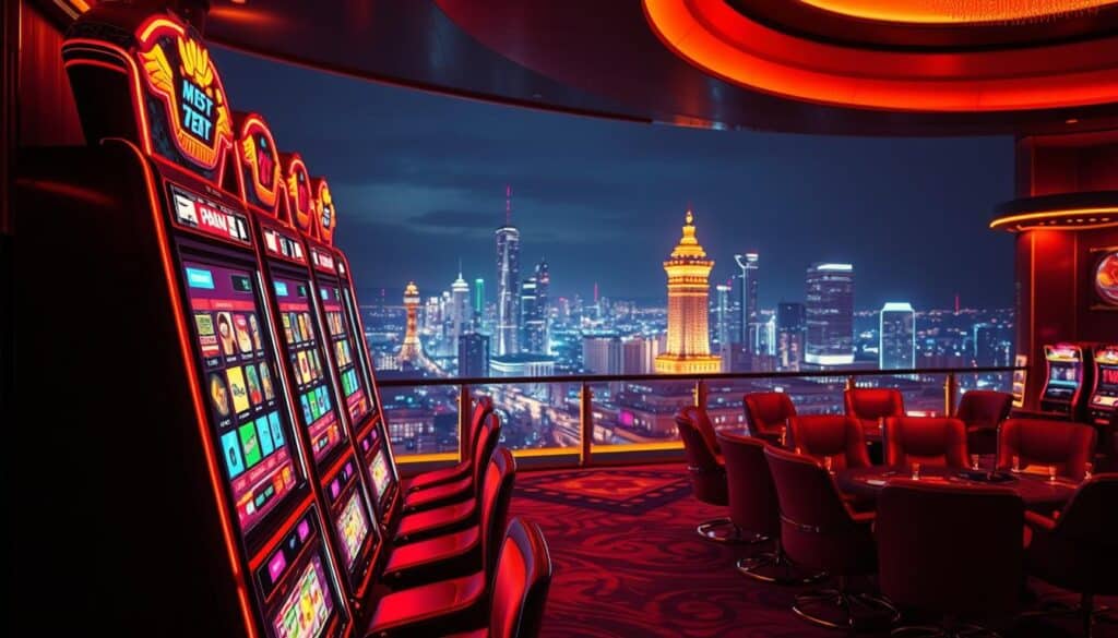 A vibrant, high-contrast scene showcasing the allure of online entertainment casinos. In the foreground, a row of sleek, futuristic casino slot machines glow with mesmerizing lights and animations, inviting the viewer to imagine the thrilling experience of placing a wager. The middle ground features a panoramic view of a luxurious casino interior, with plush leather chairs, gilded accents, and a sense of opulence and sophistication. In the background, a stunning cityscape at night serves as a backdrop, the twinkling lights of the metropolis hinting at the endless possibilities and excitement that await players in this virtual gambling haven. Warm, dramatic lighting casts dramatic shadows, heightening the sense of drama and anticipation. The overall atmosphere is one of allure, glamour, and the promise of unparalleled entertainment.