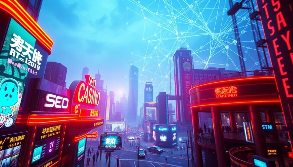 A vibrant, high-contrast scene showcasing the concept of "娛樂城SEO" (Online Casino SEO). In the foreground, a sleek, modern casino facade with neon lights and dynamic branding elements. The middle ground features a bustling city skyline, hinting at the competitive digital landscape. In the background, a web of interconnected data visualizations, representing the intricate algorithms and analytics powering effective SEO strategies. The lighting is dramatic, with a mix of warm and cool tones, creating an immersive, tech-savvy atmosphere. The camera angle is slightly elevated, providing a bird's-eye view that conveys the scope and complexity of the subject matter.