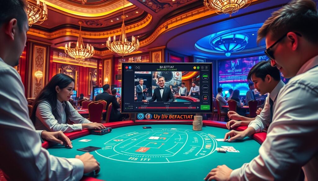 A vibrant, high-resolution image depicting the captivating experience of playing DB live baccarat. Set in a luxurious casino environment, the foreground showcases a dealer expertly shuffling cards, with the players intently focused on the table. The middle ground features the game interface, showcasing the various betting options and live video feed. The background captures the elegant ambiance of the casino, with ornate decor and subtle lighting that sets the mood. The overall scene conveys the thrill and immersion of this premier online casino offering, enticing the viewer to engage with the captivating DB live baccarat experience.