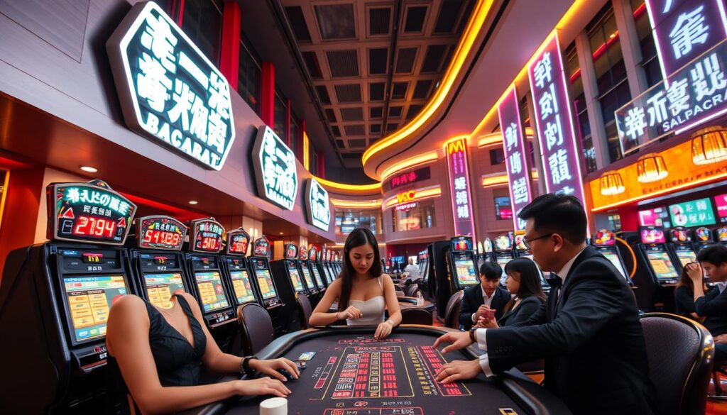 A vibrant, high-resolution image of Taiwan's premier baccarat gaming platform. Set against a backdrop of sleek, modern architecture, the platform features stylized, neon-lit signage and an array of interactive display screens. The foreground showcases a trio of elegantly dressed players engaged in a thrilling baccarat round, their expressions intense as they make strategic wagers. Soft, warm lighting bathes the scene, creating an atmosphere of sophistication and excitement. The middle ground highlights the platform's user-friendly interface and intuitive controls, while the background captures the energy and buzz of a premier gambling destination. Captured with a wide-angle lens to emphasize the scale and grandeur of the setting.