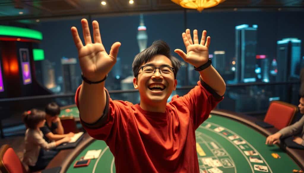 A vibrant, high-resolution image of a Taiwanese gamer celebrating a big win at the baccarat table. In the foreground, a man in his 30s raises his hands in triumph, a wide grin on his face. The middle ground shows a dimly lit casino interior, with the green felt of the baccarat table visible and other players watching intently. In the background, a cityscape of Taipei at night, with neon signs and skyscrapers illuminating the scene. The lighting is dramatic, with warm hues and deep shadows creating a sense of excitement and accomplishment. The overall composition conveys the thrill of a Taiwanese player's successful baccarat strategy.