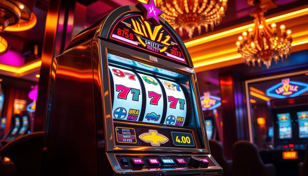 A vibrant, high-resolution image of a classic casino-style slot machine against a backdrop of neon lights and a glamorous, sophisticated atmosphere. The slot machine features a sleek, metallic design with bold, colorful symbols and animations that capture the excitement and allure of the game. The lighting is dramatic, with warm, golden tones and dramatic shadows that create a sense of depth and dimension. The overall composition should convey the thrill and anticipation of hitting the jackpot, perfectly capturing the essence of a popular and highly engaging casino game.