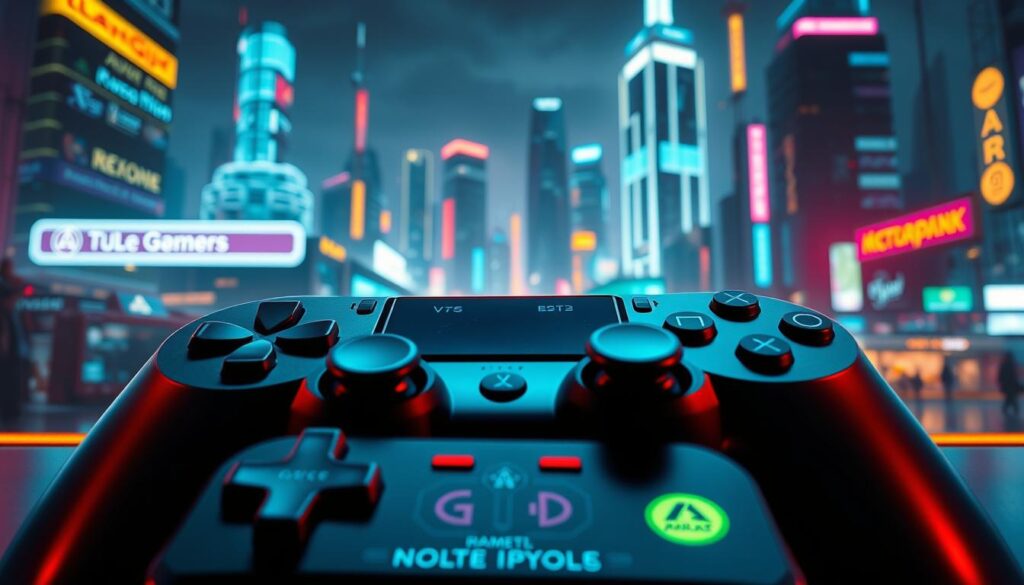A vibrant, high-resolution image of a digital game update announcement. In the foreground, a sleek, modern game controller with glowing buttons and analog sticks, hinting at the interactive nature of the update. The middle ground showcases a series of digital icons, symbols, and UI elements, suggesting the new features and improvements. In the background, a dynamic, futuristic cityscape with towering skyscrapers and neon-lit streets, capturing the excitement and dynamism of the online gaming industry. The overall scene is bathed in a warm, vibrant color palette, creating a sense of energy and anticipation. The lighting is dramatic, with high-contrast shadows and highlights, adding depth and atmosphere to the composition. The angle is slightly elevated, giving the viewer a sense of immersion and involvement in the game update announcement.