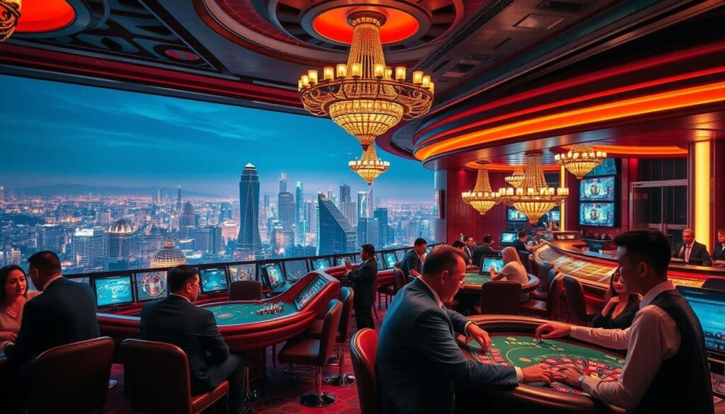 A vibrant, high-resolution image showcasing a successful online casino, with a modern, sleek design and an atmosphere of excitement and entertainment. In the foreground, a group of well-dressed patrons engage in various casino games, their faces lit by the warm, ambient lighting. The middle ground features the casino's luxurious interior, with plush furnishings, gleaming chandeliers, and a well-stocked bar. In the background, a panoramic view of a bustling city skyline, hinting at the casino's prime location and the success it has achieved. The overall scene conveys a sense of professional, well-managed operations and a thriving, popular entertainment destination.