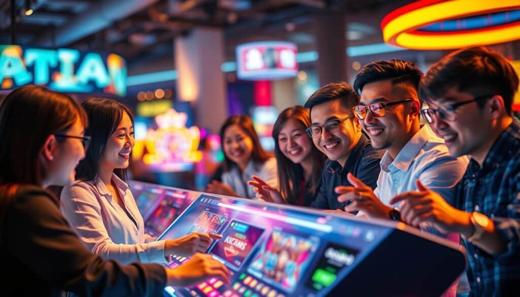 A vibrant, high-resolution image showcasing a successful online entertainment platform in Taiwan. The scene depicts a group of happy, engaged players immersed in various casino-style games on a sleek, modern interface. Warm lighting illuminates the foreground, while a blurred background suggests an array of dynamic visuals and user-friendly features. The overall mood conveys a sense of professionalism, excitement, and a positive player experience. The composition emphasizes the platform's intuitive design, impressive graphics, and the enthusiasm of its dedicated user base.
