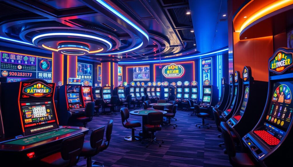 A vibrant, high-resolution image showcasing the thriving online entertainment industry in Taiwan. The scene depicts a modern, sleek casino interior with a focal point on the gaming tables and slot machines. Soft, warm lighting creates an inviting atmosphere, while strategic camera angles and depth of field emphasize the immersive experience. The image should convey a sense of excitement, sophistication, and technological innovation, reflecting the cutting-edge nature of the industry. The overall composition should balance the various elements to provide a visually striking and representative depiction of the "熱門線上娛樂城案例分析" within the broader context of the article.