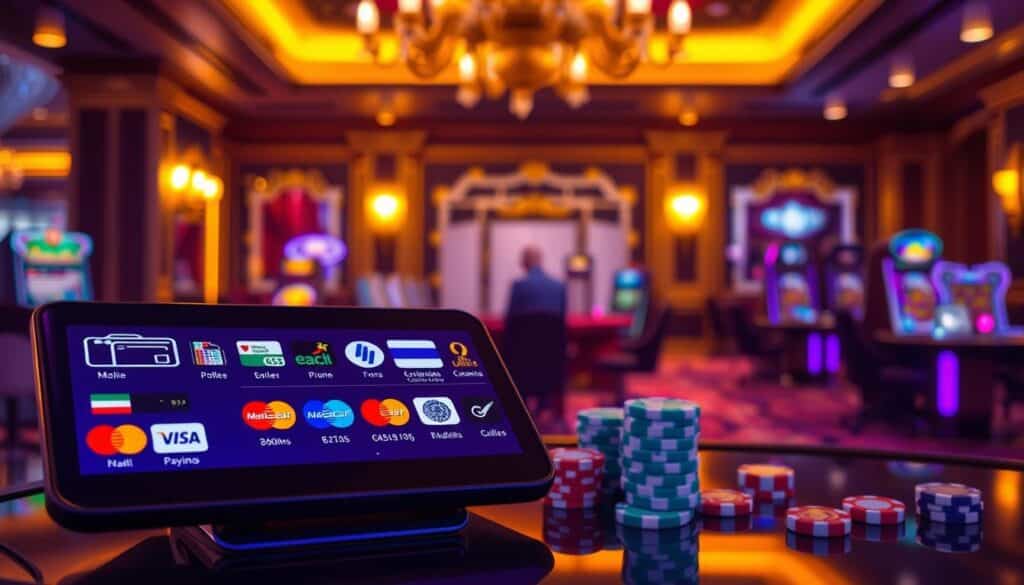 A vibrant, high-resolution image showcasing the various payment methods available at a modern online casino. In the foreground, a sleek, high-contrast display presents an array of digital wallet icons, credit card logos, and mobile payment options, all bathed in a warm, casino-inspired lighting. The middle ground features a subtle backdrop of casino-themed elements, such as playing cards, dice, and chips, adding depth and context to the scene. The background is a softly blurred, elegant casino interior, subtly hinting at the exciting atmosphere of the online gambling experience. The overall composition conveys a sense of security, efficiency, and the seamless integration of cutting-edge financial technology within the online casino domain.