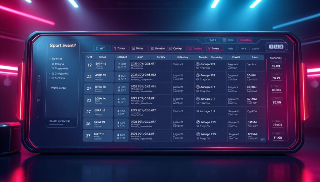 A vibrant, high-resolution render of a well-organized sports event schedule displayed on a sleek, futuristic digital interface. The schedule is presented in a clean, minimalist layout with distinct sections for different events, dates, and times. The interface has a modern, techno-chic aesthetic with muted colors, smooth gradients, and subtle 3D elements. Ambient lighting casts a soft glow, creating a sense of professionalism and attention to detail. The overall visual evokes a sense of anticipation and a desire to explore the upcoming competitive events.