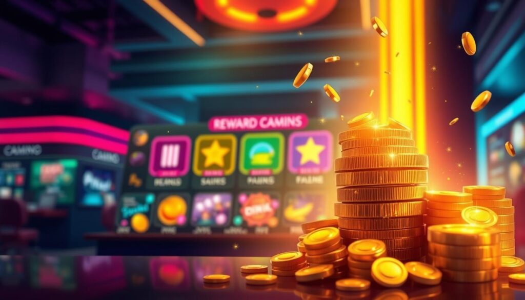 A vibrant illustration depicting an online gaming rewards program. In the foreground, a stack of gold coins and glittering prizes float against a soft, blurred background. In the middle ground, colorful icons and graphics represent various reward tiers and features, all illuminated by a warm, inviting light. The background showcases a sleek, modern casino-inspired environment, with a sense of depth and sophistication. The overall mood is one of excitement, success, and the allure of digital rewards, capturing the essence of an engaging online gaming rewards system.