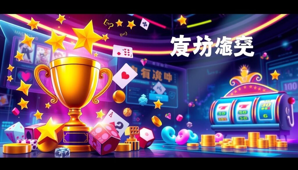 A vibrant illustration of a captivating online casino promotion featuring an array of colorful icons and dynamic graphic elements. In the foreground, a golden trophy and shimmering stars command attention, symbolizing the allure of lucrative bonuses and rewards. In the middle ground, playful icons like playing cards, dice, and slot machine reels create an atmosphere of excitement and anticipation. The background showcases a sleek, modern casino interface with subtle lighting accents, creating a sense of sophistication and technological advancements. The overall composition conveys the irresistible draw of enticing promotional offers that cater to the interests and desires of discerning Taiwanese online casino players.