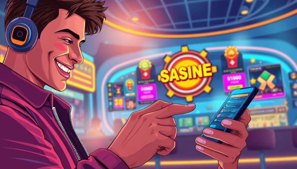 A vibrant illustration of a person enthusiastically participating in an online casino promotion. The foreground depicts a smiling individual tapping on a mobile device, engrossed in the interactive interface of a casino app. The middle ground showcases an array of colorful icons, bonuses, and rewards, inviting the viewer to engage with the platform. The background features a sleek, modern design with clean lines and a sophisticated color palette, conveying a sense of luxury and excitement. The lighting is soft and diffuse, creating a warm, inviting atmosphere. The overall composition captures the thrill and engagement of taking part in an exclusive online casino promotion.