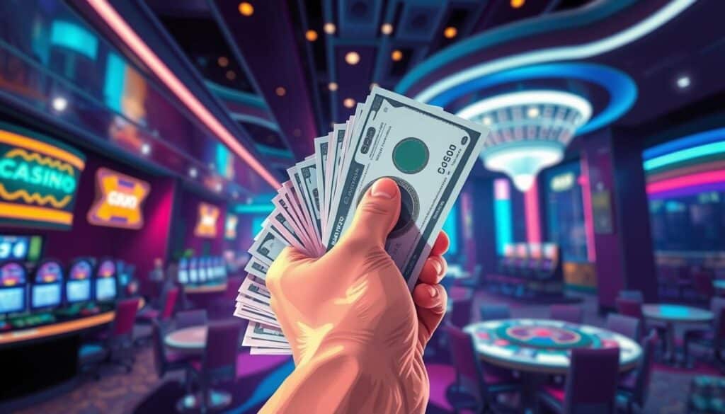 A vibrant illustration of a person rapidly receiving casino winnings. In the foreground, a hand grasps a stack of crisp bills, conveying the excitement and rush of a big payout. The middle ground showcases a sleek, modern-looking casino interior, with stylish decor and lighting that evokes a sense of luxury and success. The background features a blurred cityscape, hinting at the cosmopolitan nature of the gaming experience. The overall composition and lighting create a dynamic, high-energy atmosphere, capturing the thrill of a swift casino jackpot victory.