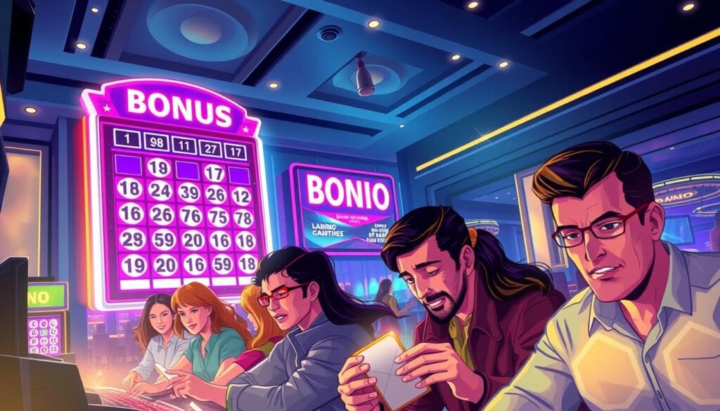A vibrant illustration showcasing an online casino's bonus strategy. The foreground depicts a group of gamblers eagerly engaged in a lively game of online bingo, their expressions a mix of concentration and anticipation. The middle ground features a larger-than-life jackpot display, its flashing lights and bold numbers commanding attention. In the background, a sleek, modern casino interior with elegant furnishings and sophisticated lighting creates an atmosphere of luxury and excitement. The overall composition conveys the strategic allure of bonus offerings, designed to captivate and retain players in the dynamic world of online casino entertainment.