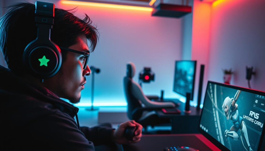 A vibrant, immersive scene of a modern online gaming experience. In the foreground, a player engrossed in a visually stunning and engaging video game, their face illuminated by the soft glow of the screen. The middle ground features a comfortable, ergonomic gaming setup with high-end peripherals, creating an optimal environment for extended play sessions. In the background, a minimalist, tech-forward space evokes a sense of futuristic sophistication, with ambient lighting and sleek, clean lines. The overall mood is one of focus, excitement, and the thrill of interactive entertainment, capturing the essence of a captivating player experience.