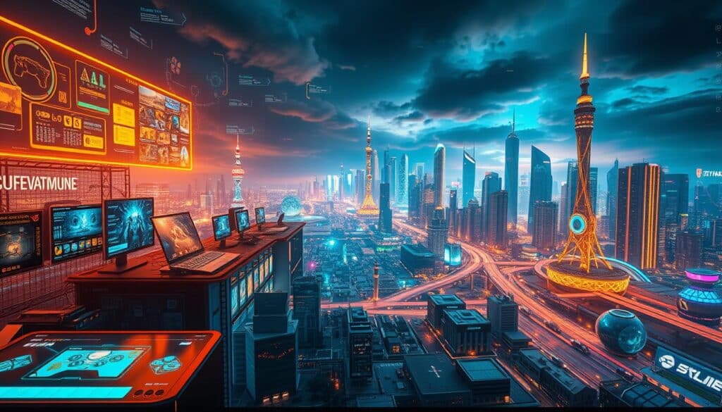 A vibrant landscape depicting the evolution of online entertainment, showcasing the digital revolution. In the foreground, a dynamic display of cutting-edge gaming interfaces and interactive platforms, illuminated by a warm, golden glow. The middle ground features a collage of historical milestones, tracing the rapid growth and technological advancements that have transformed the industry. In the background, a sleek, futuristic cityscape with towering skyscrapers and neon-lit skylines, symbolizing the boundless possibilities of the digital era. The scene is captured with a cinematic, wide-angle lens, conveying a sense of grandeur and progress, perfectly encapsulating the rise of Taiwan's premier online entertainment destinations.