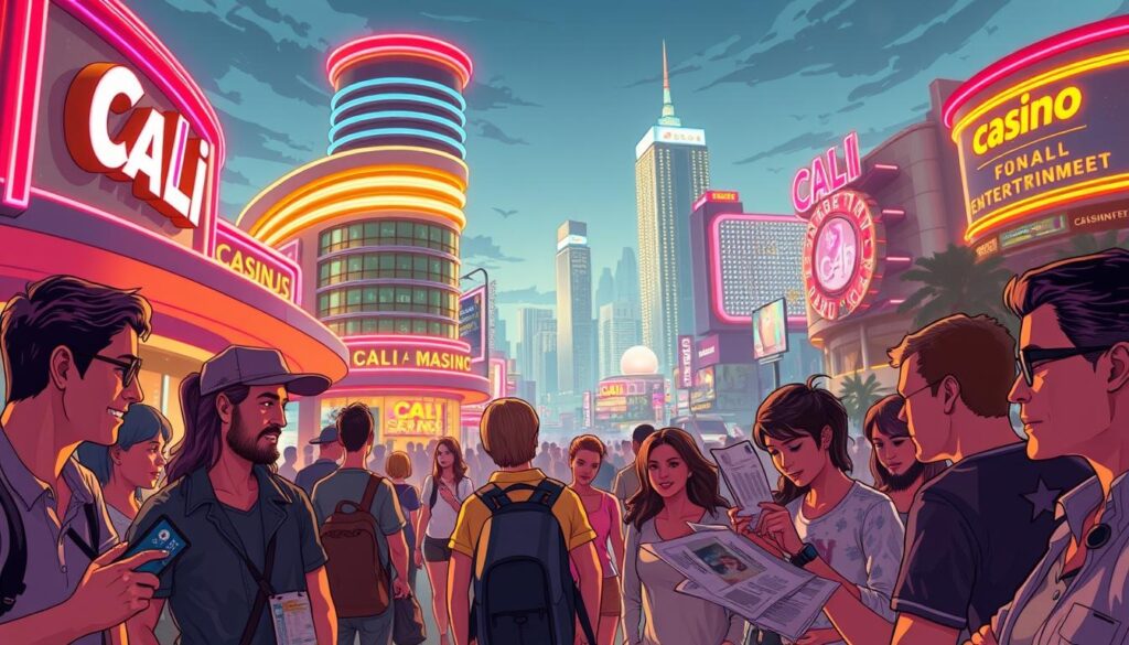 A vibrant, meticulously detailed illustration depicting player feedback on the Cali Entertainment City casino. The foreground showcases a diverse group of players - some enthusiastically sharing their experiences, others contemplatively reviewing casino materials. The middle ground features the sleek, modern casino exterior, with neon-lit signage and bustling activity. The background blends the city skyline, hinting at the casino's prominent location. The lighting is warm and inviting, capturing the energy and excitement of the player experience. The overall composition conveys a sense of engagement, community, and genuine user insights that will resonate with the article's subject matter.