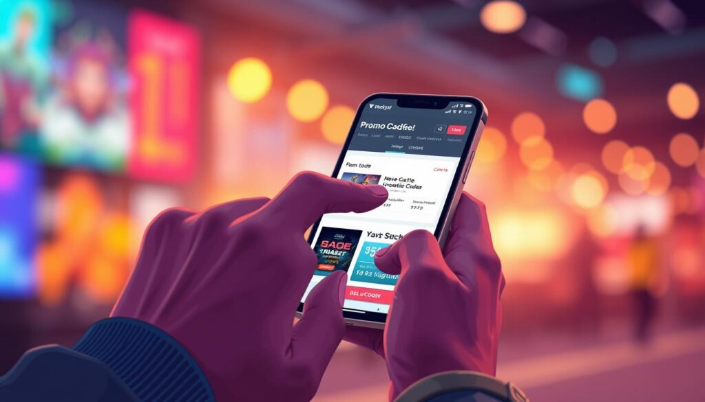 A vibrant, modern digital illustration depicting the process of obtaining a promotional code or coupon for an online gaming platform. The foreground features a person's hands interacting with a smartphone, tapping on the screen to access the promo code interface. The middle ground showcases the gaming platform's website or app, with clean, minimalist design elements and a prominent section highlighting available offers and discounts. The background offers a blurred, bokeh-style effect, creating a sense of depth and focus on the core activity. Warm, inviting colors, soft lighting, and a subtle sense of motion convey the easy, accessible nature of acquiring gaming discounts online.