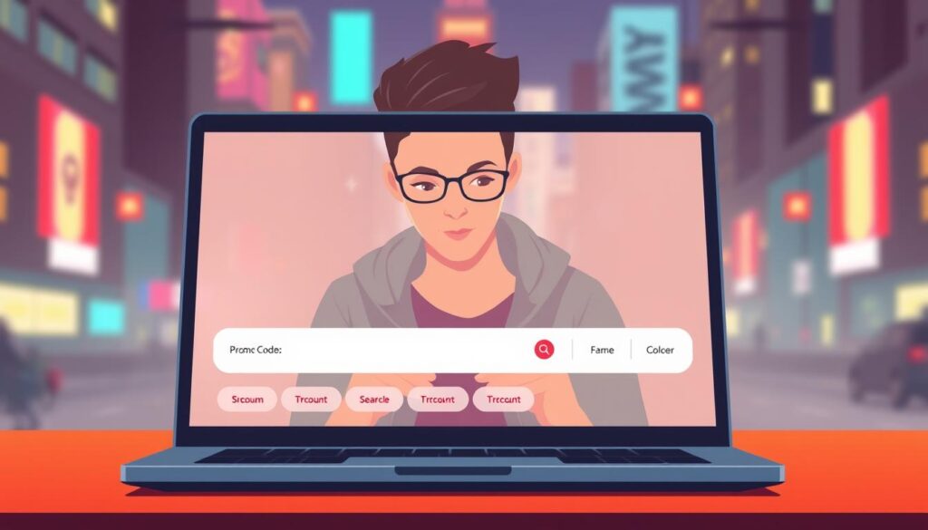 A vibrant, modern illustration of a "Beginner's Guide to Promo Codes". In the foreground, a clean, minimalist laptop interface with a prominent search bar and various buttons labeled with different promo code types. The middle ground features a young, casually dressed person interacting with the interface, their face lit by the screen's soft glow. The background depicts a blurred cityscape, hinting at the digital, urban setting. The lighting is warm and inviting, creating a welcoming atmosphere. The composition is balanced and the color palette is composed of muted tones with pops of accent colors to draw the eye. The overall scene conveys a sense of accessibility and guidance for new users navigating the world of online promo codes.