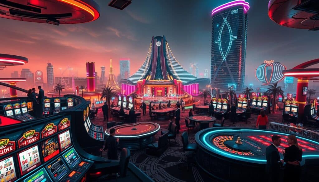 A vibrant, modern online casino landscape with a sleek, technologically-advanced aesthetic. In the foreground, an inviting array of classic casino games like slot machines, roulette tables, and card tables, all illuminated by warm, neon lighting. The middle ground features a panoramic view of the casino floor, with elegantly dressed patrons immersed in the excitement of high-stakes gambling. In the background, a towering, futuristic casino building dominates the skyline, its reflective glass facades gleaming under a slightly hazy, atmospheric lighting that evokes a sense of sophistication and exclusivity. The overall mood is one of glamour, excitement, and the thrill of the gaming experience.