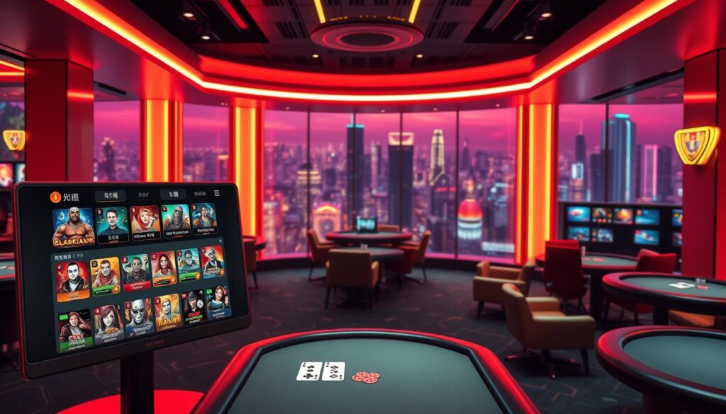 A vibrant, modern online casino with a sleek, minimalist design. In the foreground, a clean, intuitive interface featuring a variety of poker, blackjack, and slot game options. The middle ground showcases a warm, inviting atmosphere with plush seating and subdued lighting, creating a comfortable, immersive experience. In the background, a panoramic view of a vibrant cityscape, hinting at the excitement and energy of the online platform. The overall mood is one of sophistication, excitement, and accessibility, catering to the discerning tastes of Taiwanese poker enthusiasts.