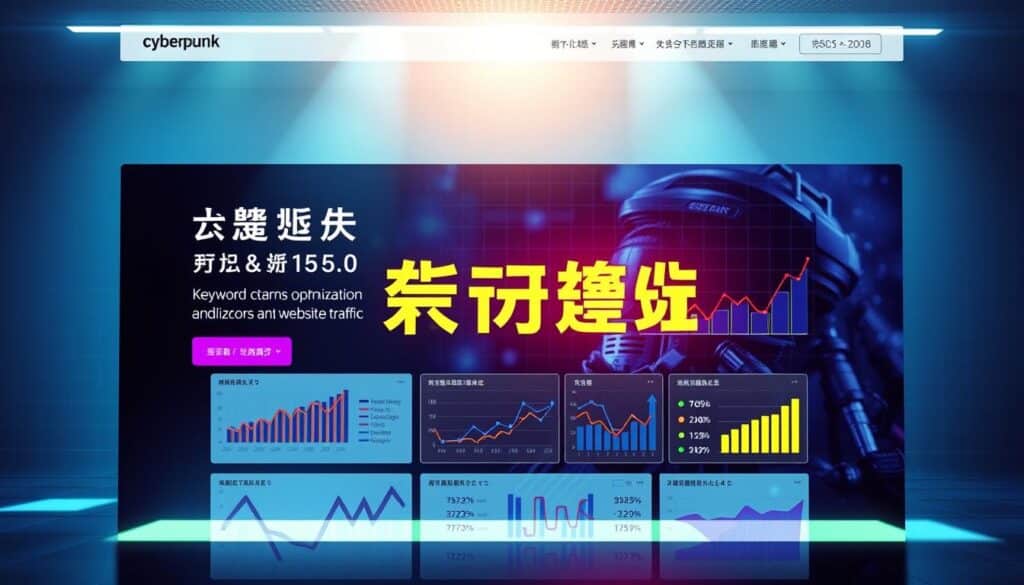 A vibrant, modern website with a clean, minimalist design. The homepage features a large hero section with a striking central image, complemented by bold typography showcasing the "網站優化" text. The middle section displays various analytical charts and graphs, visually demonstrating the impact of keyword optimization on website traffic. In the background, a subtle grid pattern creates a sense of structure and organization. The lighting is natural and diffused, casting a warm, inviting glow across the scene. The overall mood is professional, data-driven, and visually engaging, reflecting the importance of effective website optimization.