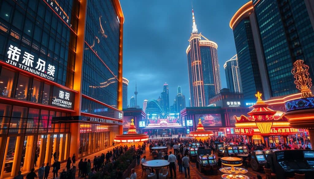 A vibrant, modernistic casino complex set against a backdrop of shimmering skyscrapers and neon-lit cityscape. In the foreground, the facade of the "Jin Titanium Entertainment City" glows with a captivating blend of warm metallic tones and sleek architectural lines. Elegantly curved glass facades reflect the dazzling lights of the city, creating an atmosphere of glamour and innovation. The middle ground showcases the dynamic energy of the casino, with crowds of patrons enjoying a diverse array of gaming and entertainment options. Soft, dramatic lighting casts a stylish, alluring ambiance over the scene, highlighting the luxurious materials and cutting-edge design. In the distance, the skyline twinkles with a fusion of traditional and modern landmarks, hinting at the city's rich cultural heritage and progressive vision.
