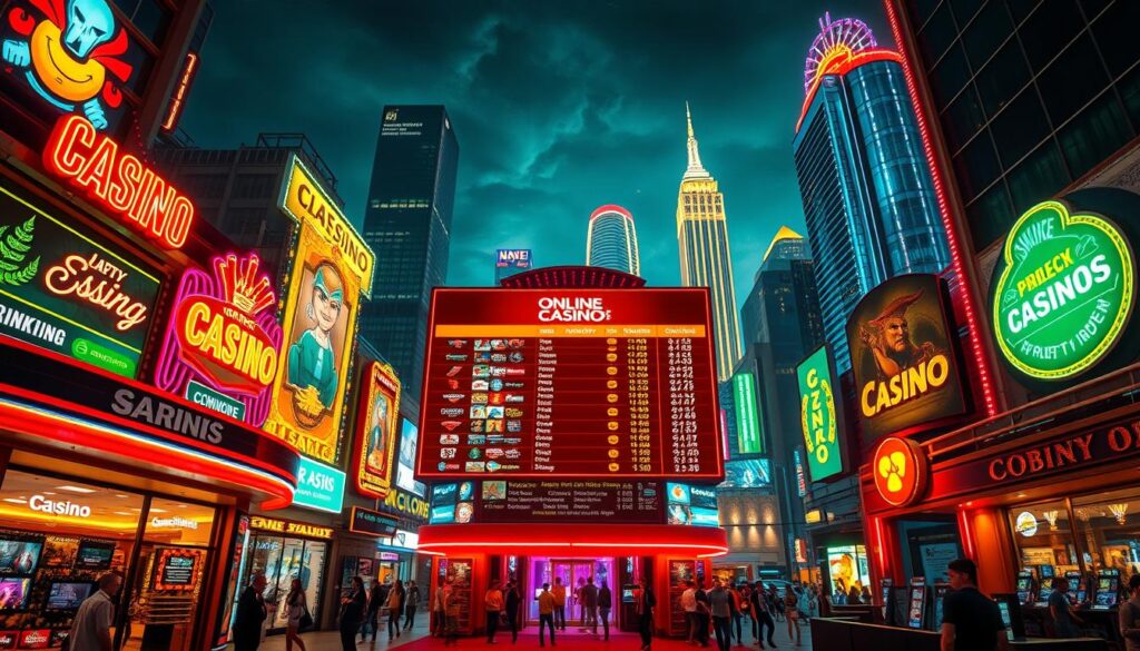 A vibrant neon-lit casino cityscape with an array of iconic gaming establishments, their facades adorned with dazzling lights and animated signage. In the foreground, a central leaderboard display showcases the rankings and ratings of various online casinos, drawing the viewer's attention. The middle ground features patrons exiting and entering the establishments, immersed in the bustling energy of the entertainment district. The background is a sweeping panorama of skyscrapers and towering landmarks, creating a sense of scale and urban grandeur. The scene is bathed in a warm, saturated color palette, evoking the excitement and allure of the online casino gaming experience. Cinematic lighting and a slight fish-eye lens distortion enhance the sense of depth and drama.