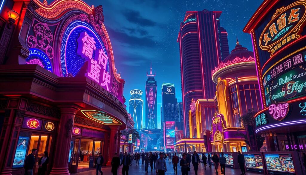 A vibrant, neon-lit casino complex set against a glittering city skyline. In the foreground, the main entrance features a grand, illuminated sign with the Chinese characters "熱門娛樂城" (Popular Entertainment City). Intricately designed facades with ornate architectural details draw the eye, evoking a sense of opulence and excitement. The middle ground showcases a bustling scene, with people entering and exiting the casino, their faces aglow from the dazzling lights and reflections. In the background, the city skyline stretches out, a tapestry of towering skyscrapers and glittering high-rises, creating a captivating, futuristic atmosphere. The overall scene conveys a vibrant, thriving entertainment hub, brimming with energy and inviting exploration.