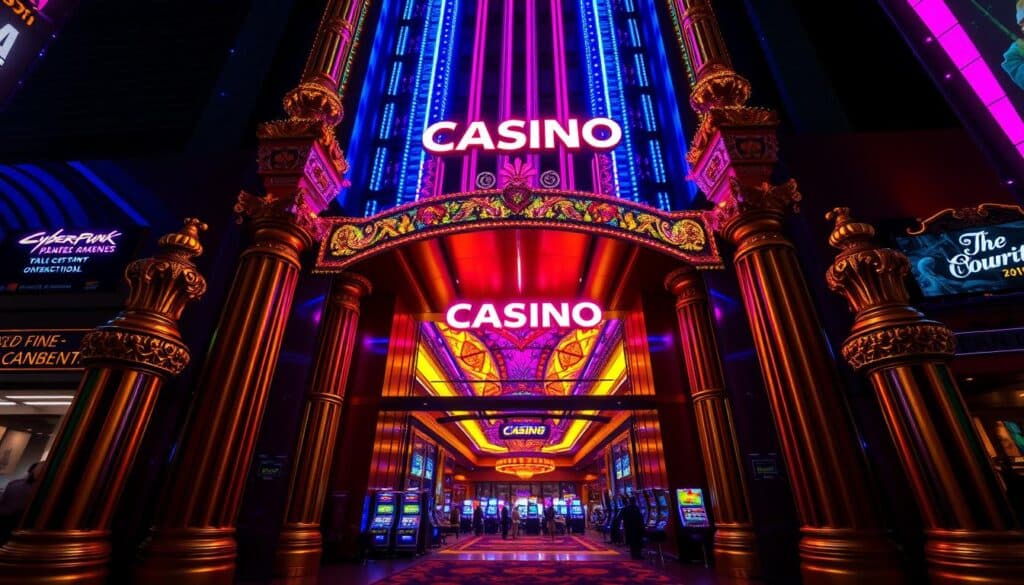 A vibrant, neon-lit casino facade in the heart of a bustling city, its towering edifice adorned with glittering lights and captivating signage that beckons the attention of passersby. The entrance is flanked by a pair of ornate, gilded columns, framing an inviting lobby filled with the alluring sounds of slot machines and the chatter of eager patrons. Sleek, modern architecture blends seamlessly with a touch of classic opulence, creating an atmosphere of excitement and anticipation. A warm, golden glow emanates from within, drawing the eye towards the promise of thrilling entertainment and the chance to strike it rich. The scene is captured through the lens of a wide-angle camera, capturing the grandeur and scale of this premier gaming destination.