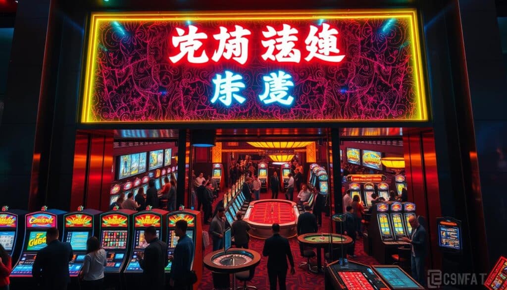 A vibrant, neon-lit casino facade, with a sleek, modern design and a bold "免費娛樂城遊戲" sign prominently displayed. The entrance is flanked by glowing, animated slot machines and electronic gaming tables, inviting players to step inside. The interior is filled with a pulsing energy, with crowds of people engrossed in various casino games, from roulette to blackjack. The lighting is warm and atmospheric, creating a sense of excitement and anticipation. The overall scene conveys the allure and convenience of free-to-play casino games, capturing the essence of the section's focus on their advantages and drawbacks.