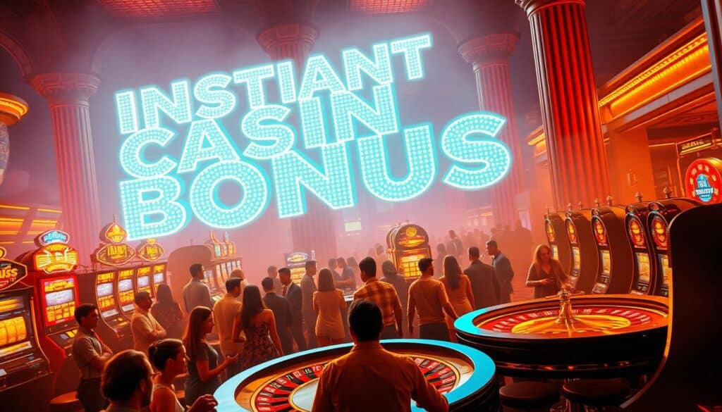 A vibrant, neon-lit casino scene featuring a large, illuminated sign prominently displaying the words "Instant Casino Bonus" in bold, dynamic lettering. The foreground showcases a bustling group of people gathered around a roulette table, their faces filled with excitement as the wheel spins. In the middle ground, rows of slot machines flash and glimmer, drawing the eye towards the central action. The background is a hazy, atmospheric blend of shadows and highlights, with towering pillars and ornate architectural details adding to the immersive, high-stakes ambiance. Warm, golden lighting bathes the entire scene, evoking a sense of energy and anticipation.
