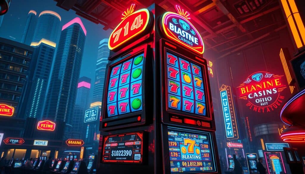 A vibrant, neon-lit casino scene with a towering, hyperrealistic slot machine as the focal point. The machine's reels are spinning, featuring classic fruit and lucky number symbols illuminated by dazzling LED lights. The machine is set against a backdrop of a bustling, futuristic cityscape with skyscrapers, neon signs, and a dynamic, busy atmosphere. The lighting is dramatic, with a warm, inviting glow that creates a sense of excitement and anticipation. The camera angle is slightly elevated, providing a sweeping, panoramic view that showcases the grandeur and allure of the online casino experience.