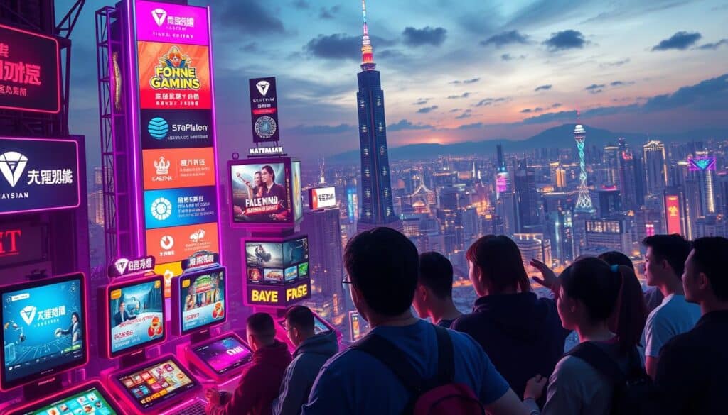 A vibrant, neon-lit cityscape depicting the bustling online entertainment landscape in Taiwan. In the foreground, a group of enthusiastic gamers gather around a sleek, high-tech gaming setup, their faces illuminated by the glow of multiple displays showcasing various casino-style games. The middle ground features a towering skyscraper adorned with digital billboards advertising the most popular online gaming destinations, their logos and promotional offers catching the eye. The background is a panoramic view of the Taipei skyline, the city's iconic landmarks silhouetted against a moody, twilight sky. The overall scene conveys a sense of excitement, innovation, and the thrill of modern digital entertainment enjoyed by the passionate Taiwanese gaming community.