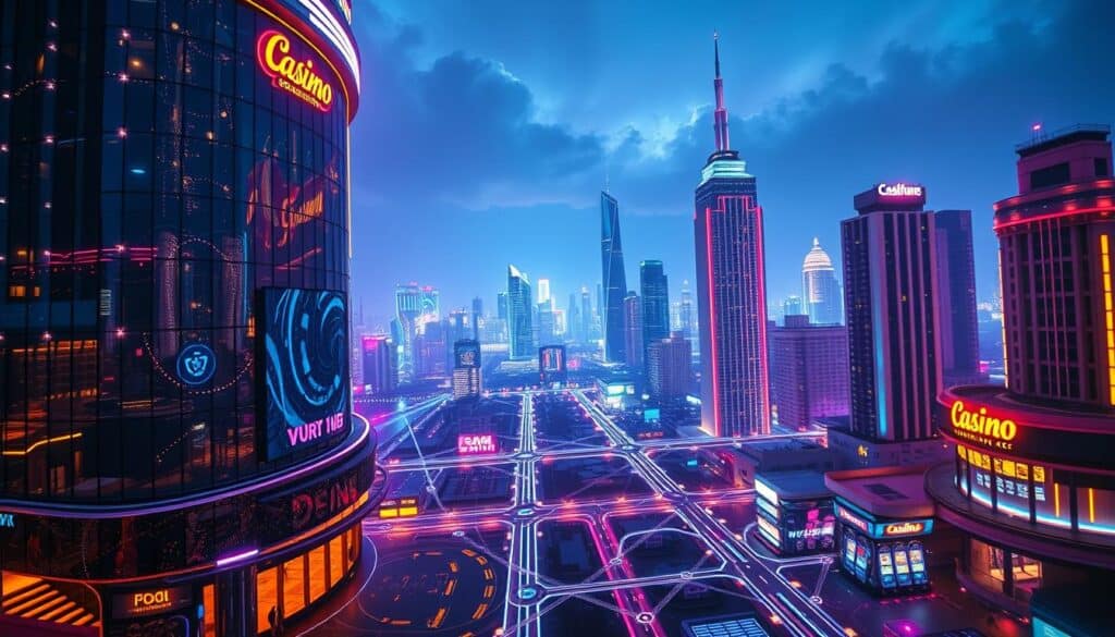 A vibrant, neon-lit cityscape depicting the fundamental elements of an online casino. In the foreground, a towering, glittering casino complex with sleek, modern architecture and a bustling entrance. Through its glass facades, a glimpse of the gaming floor with rows of slot machines and tables. In the middle ground, a network of virtual pathways and interfaces, representing the digital infrastructure that powers the casino's operations. In the background, a panoramic view of the city skyline, its high-rises and skyscrapers illuminated by a dazzling array of lights, creating an immersive, energetic atmosphere. The scene is captured with a wide-angle lens, emphasizing the scale and grandeur of the casino, while dynamic lighting and cinematic angles suggest the thrill and excitement of the gaming experience.