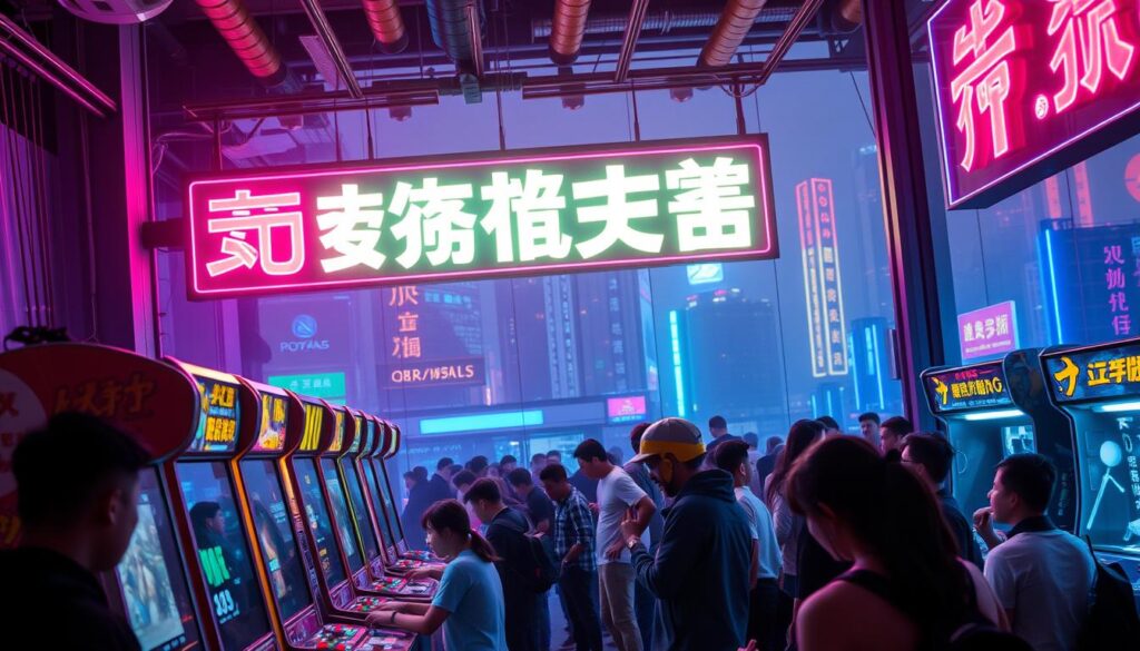 A vibrant neon-lit gaming arcade, with a large illuminated sign that reads "玩家評價" in bold Chinese characters. In the foreground, several players are deeply engrossed in various arcade cabinets, their faces aglow with the colorful displays. The middle ground features a diverse crowd of gamers, some chatting animatedly, others focusing intently on their controllers. The background is a hazy, futuristic cityscape, with skyscrapers and neon billboards visible through the arcade's large windows. The lighting is a dynamic mix of vibrant colors, creating an energetic and immersive atmosphere that captures the essence of the gaming community's feedback and experiences.