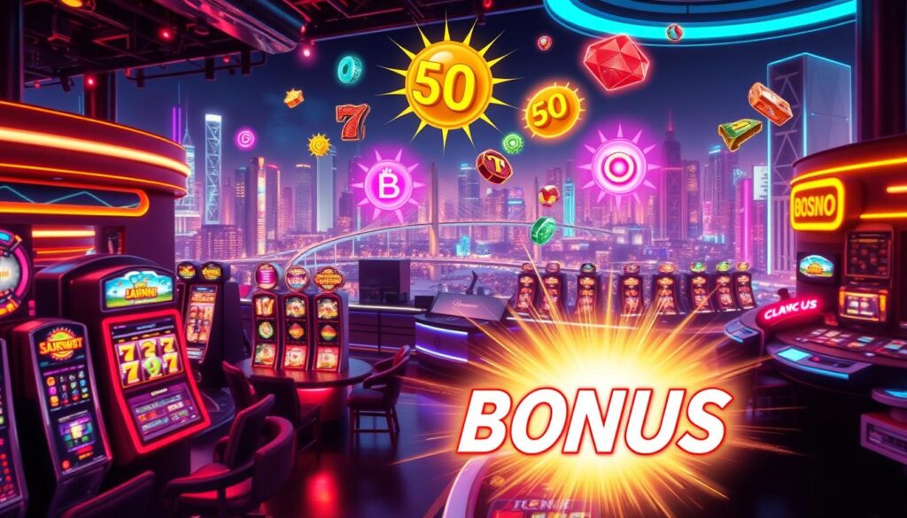 A vibrant, neon-lit online casino scene with a focus on a generous bonus promotion. The foreground features a glimmering jackpot slot machine against a backdrop of sleek, modern gaming tables and slot machines. The middle ground showcases an array of colorful, animated bonus symbols and icons floating in the air, radiating a sense of excitement and anticipation. The background is filled with a dynamic cityscape of skyscrapers, bridges, and bustling nightlife, all bathed in a warm, inviting glow. The overall atmosphere evokes a thrilling, high-energy experience of online casino gaming and bonus rewards.