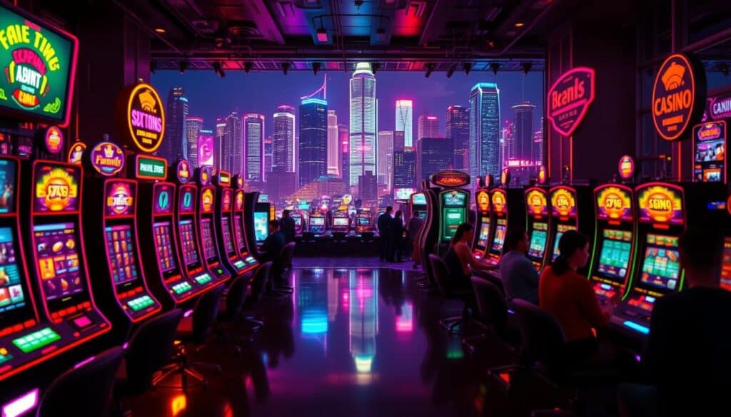 A vibrant, neon-lit online casino scene, with a sleek, modern aesthetic. In the foreground, rows of slot machines and gaming tables are illuminated by a dazzling array of colorful lights, creating an immersive and energetic atmosphere. The middle ground features a panoramic view of the casino floor, with players engaged in various games, their faces lit by the glow of screens. In the background, a towering skyline of skyscrapers and neon signs reflects the excitement and energy of the bustling urban environment. The lighting is warm and inviting, with a cinematic depth of field that draws the viewer into the scene. The overall composition conveys the thrill and allure of the online gaming experience.