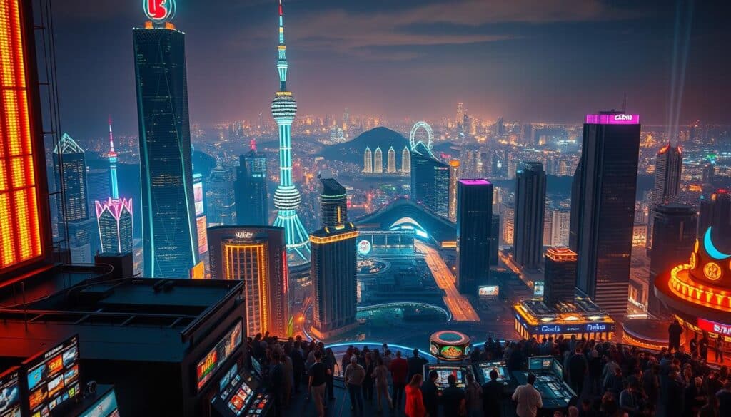A vibrant, neon-lit online casino skyline, with towering skyscrapers and glittering towers. In the foreground, a sleek, modern interface showcases an array of casino games, inviting users to explore the thrilling world of online entertainment. The middle ground features a lively crowd of players, captivated by the energetic atmosphere. In the background, a panoramic view of a bustling city, with hazy lights and a hint of nightlife. The scene is bathed in a warm, golden glow, evoking a sense of excitement and anticipation. The overall composition conveys the premium, cutting-edge nature of the recommended online casinos, while capturing the essence of the Taiwanese gaming landscape.