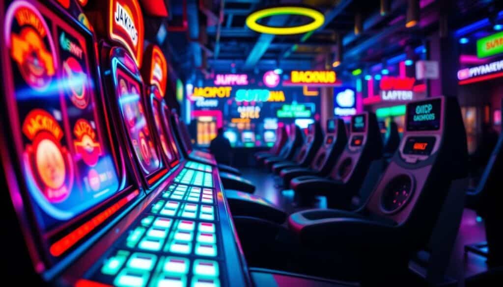 A vibrant, neon-lit scene depicting an online casino game interface. In the foreground, glowing jackpot numbers and spinning reels captivate the viewer, hinting at the tantalizing rewards on offer. The middle ground showcases sleek, futuristic game controllers and buttons, inviting the player to immerse themselves in the interactive experience. In the background, a dazzling array of colorful lights and digital effects creates a sense of excitement and anticipation, mirroring the thrill of playing in this virtual entertainment hub. Crisp, high-contrast lighting and a cinematic camera angle heighten the drama and allure of the online casino game, conveying the potential for substantial winnings.