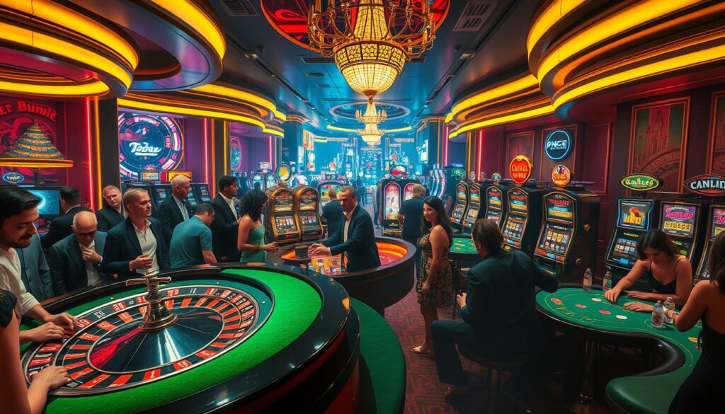 A vibrant, neon-lit scene of a bustling casino in the heart of a thriving metropolis. In the foreground, patrons gather around a roulette table, their faces aglow with excitement as the wheel spins, casting captivating shadows across the plush, emerald-green felt. In the middle ground, high-stakes poker games unfold, with players locked in intense concentration, their cards hidden behind a veil of suspense. The background is a dazzling panorama of slot machines, their flashing lights and chiming sounds creating an electrifying atmosphere. Overhead, a grand chandelier casts a warm, golden glow, complementing the rich, luxurious decor. The overall mood is one of anticipation, indulgence, and the thrill of the game, reflecting the vibrant energy of a world-class casino.